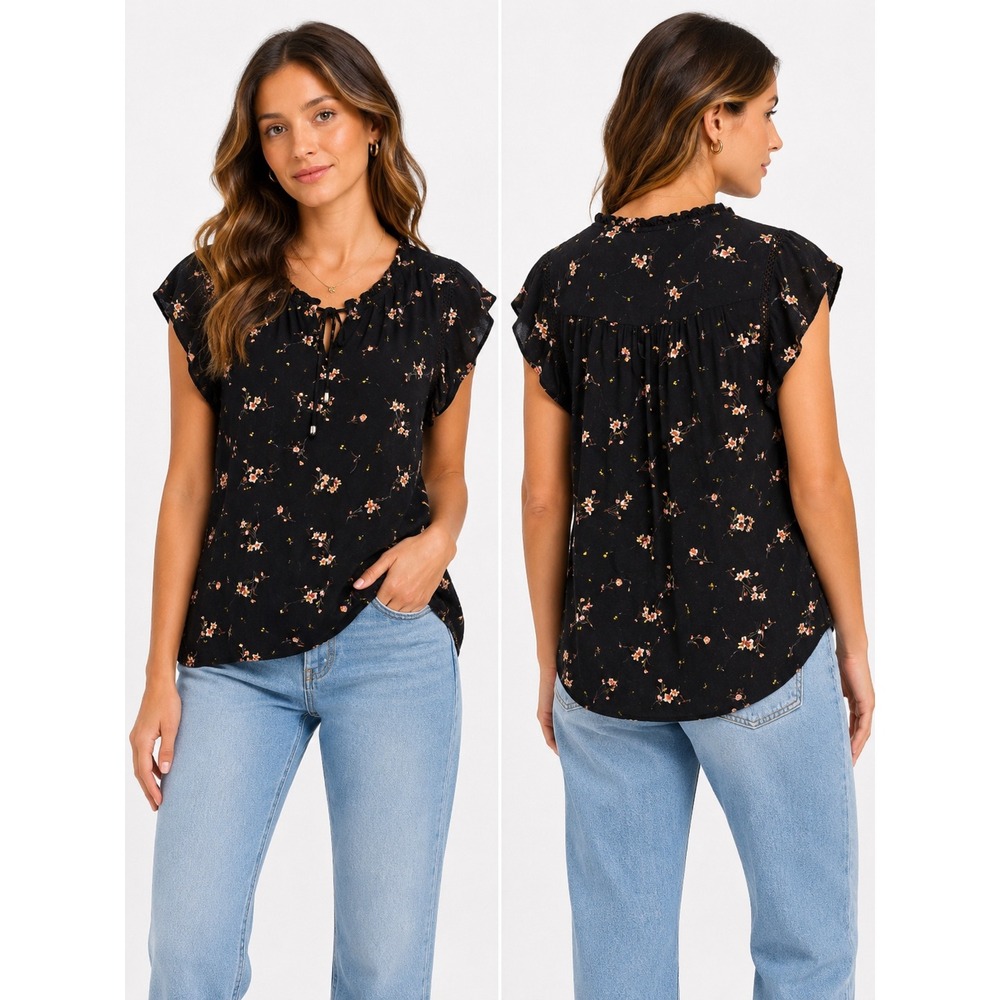 Buffalo David Bitton Blouse Womens Large Black Floral‎ Cap Sleeve Boho Top